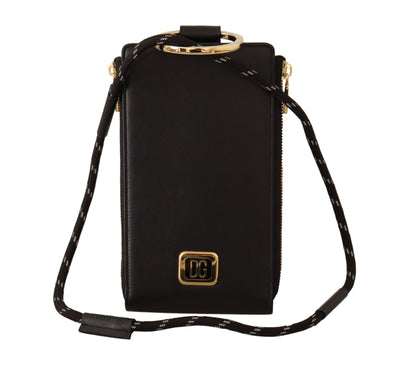 Dolce &amp; Gabbana Zwarte Leren Logo Plaque Nekband Kaart- en Muntenportemonnee
