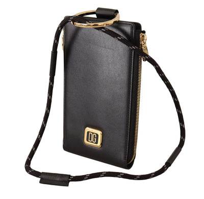 Dolce &amp; Gabbana Zwarte Leren Logo Plaque Nekband Kaart- en Muntenportemonnee