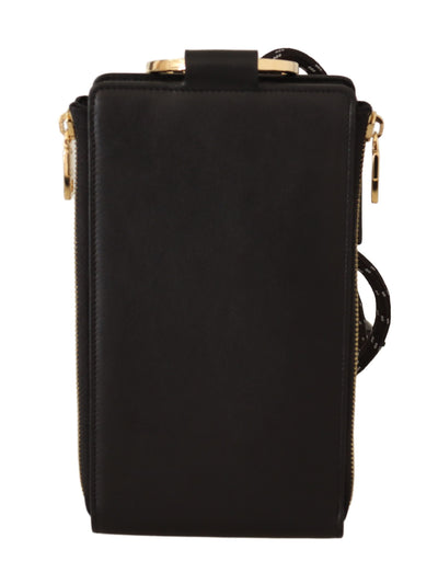 Dolce &amp; Gabbana Zwarte Leren Logo Plaque Nekband Kaart- en Muntenportemonnee