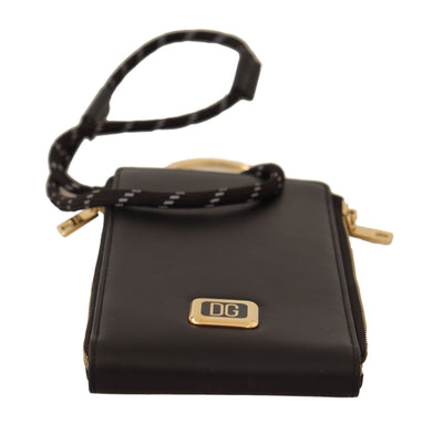 Dolce &amp; Gabbana Zwarte Leren Logo Plaque Nekband Kaart- en Muntenportemonnee