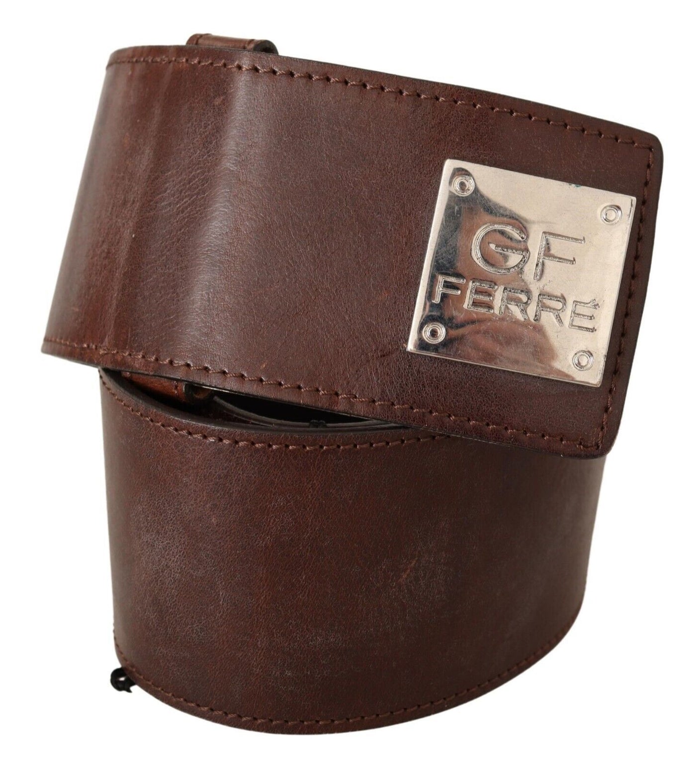 Ceinture large à boucle logo en cuir véritable marron GF Ferre