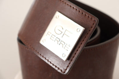 Ceinture large à boucle logo en cuir véritable marron GF Ferre