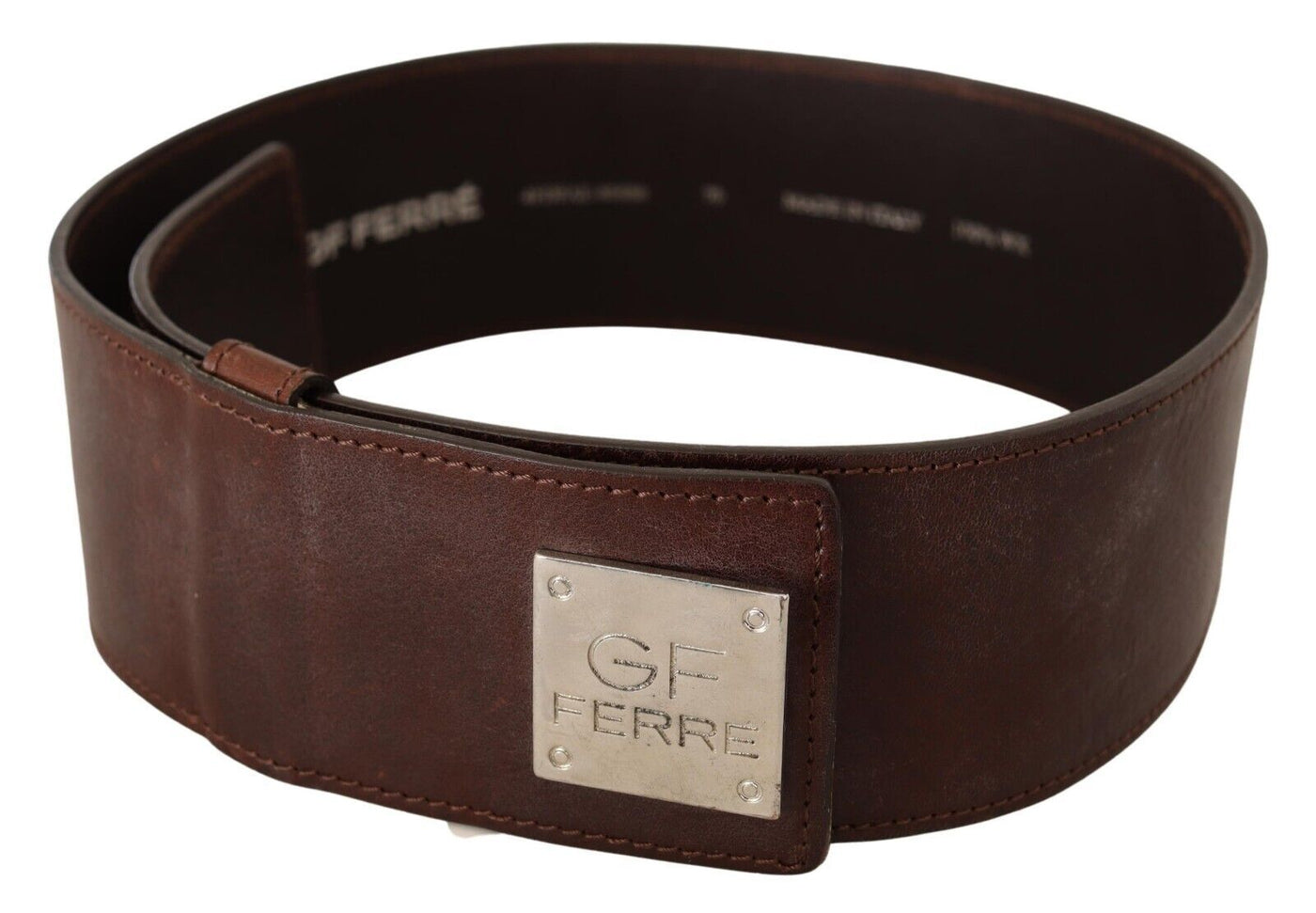 Ceinture large à boucle logo en cuir véritable marron GF Ferre