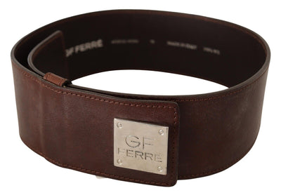Ceinture large à boucle logo en cuir véritable marron GF Ferre