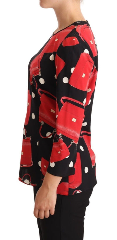 Dolce &amp; Gabbana Zwarte Sicilië Tas Print Zijden Stretch Top Blouse