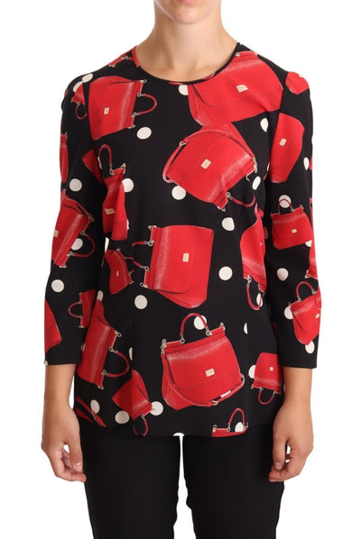 Dolce &amp; Gabbana Zwarte Sicilië Tas Print Zijden Stretch Top Blouse