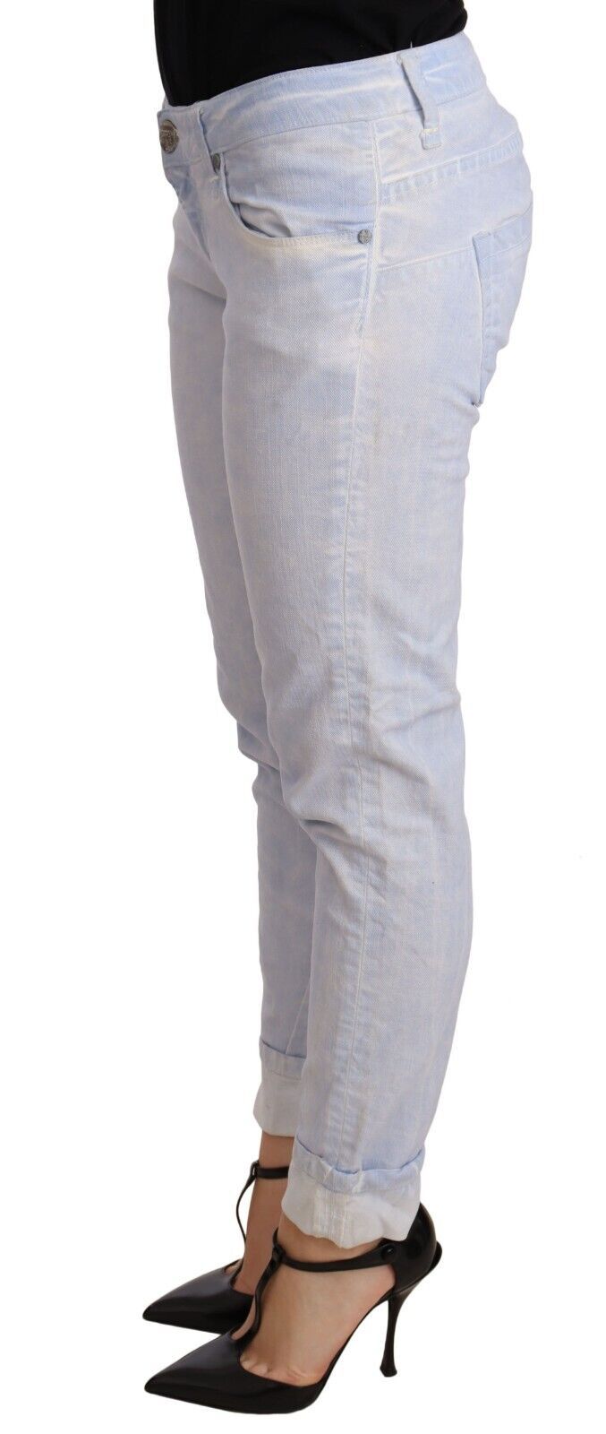 Jean skinny bleu clair en coton à ourlet replié pour femme