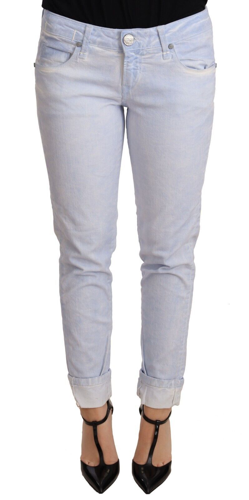 Jean skinny bleu clair en coton à ourlet replié pour femme
