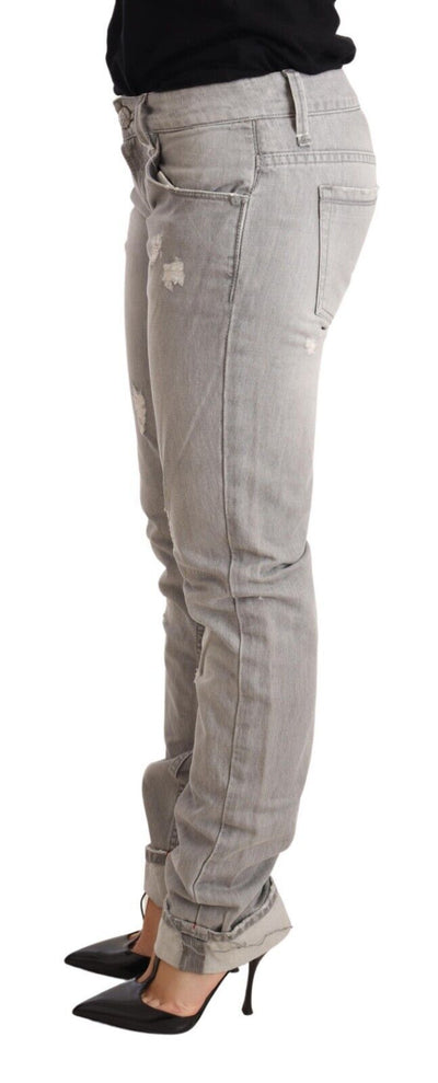 Jean slim en coton gris déchiré pour femme, coupe ajustée, ourlet replié