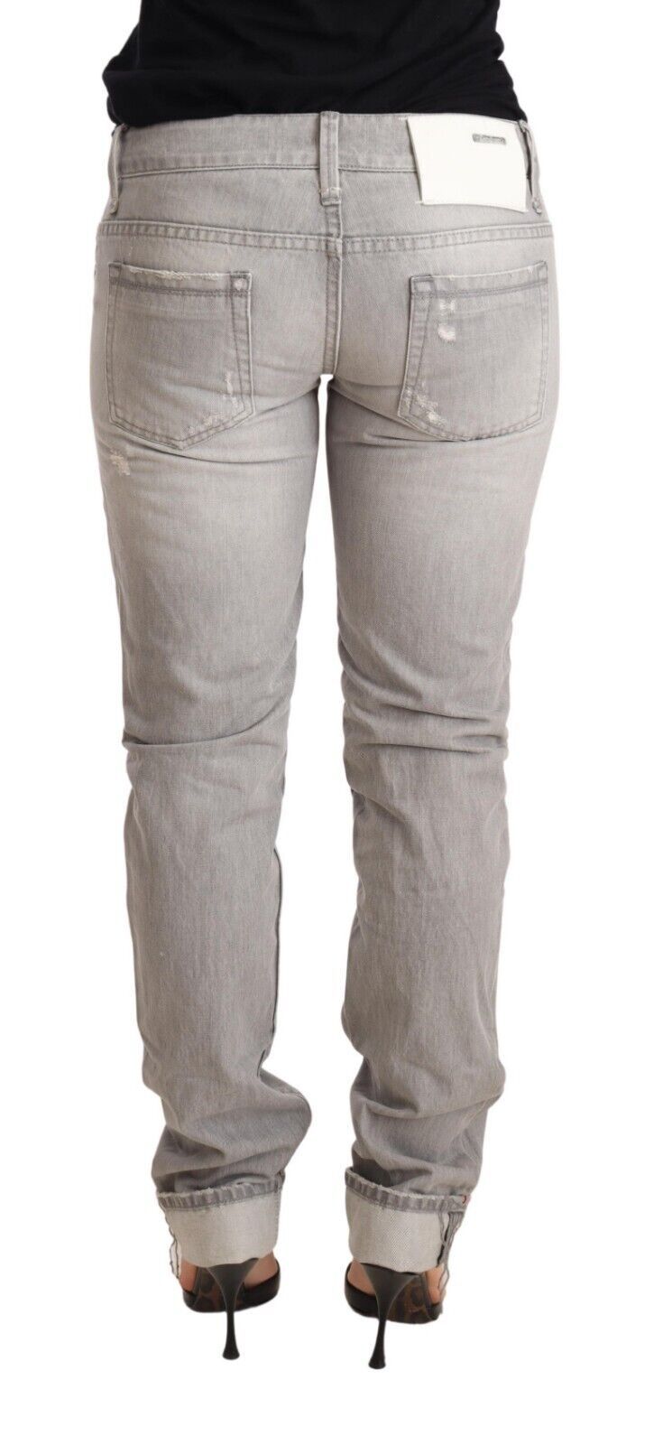 Jean slim en coton gris déchiré pour femme, coupe ajustée, ourlet replié