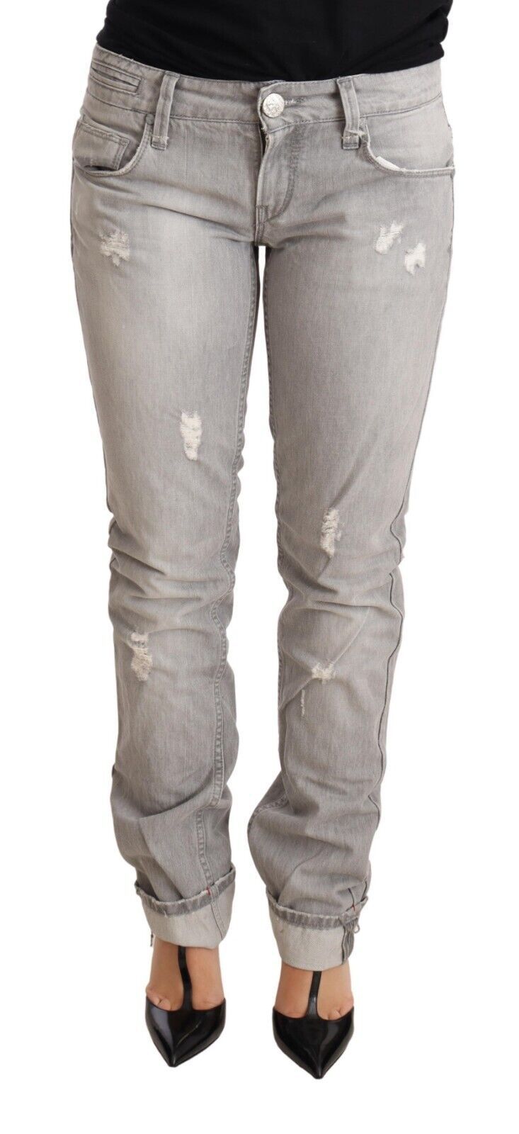 Jean slim en coton gris déchiré pour femme, coupe ajustée, ourlet replié