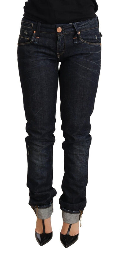 Jean slim bleu foncé en coton pour femme, coupe ajustée, ourlet replié