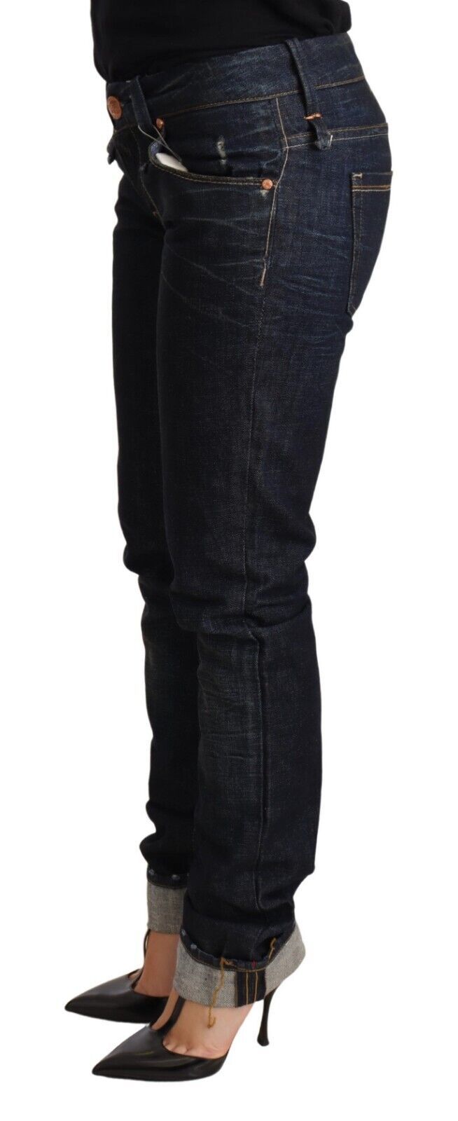 Jean slim bleu foncé en coton pour femme, coupe ajustée, ourlet replié
