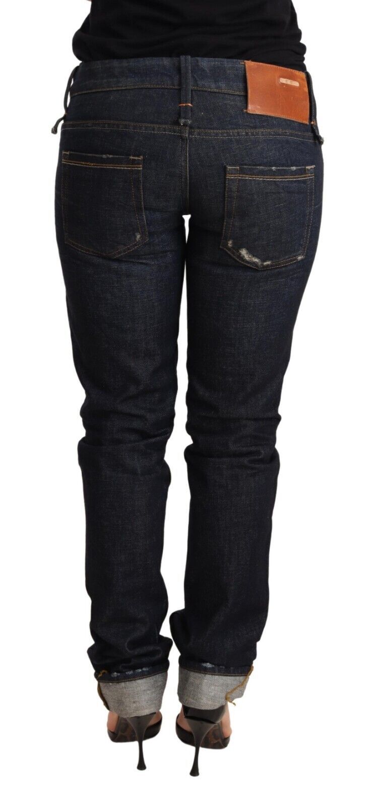 Jean slim bleu foncé en coton pour femme, coupe ajustée, ourlet replié