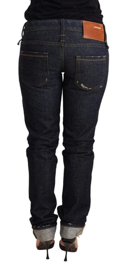 Jean slim bleu foncé en coton pour femme, coupe ajustée, ourlet replié