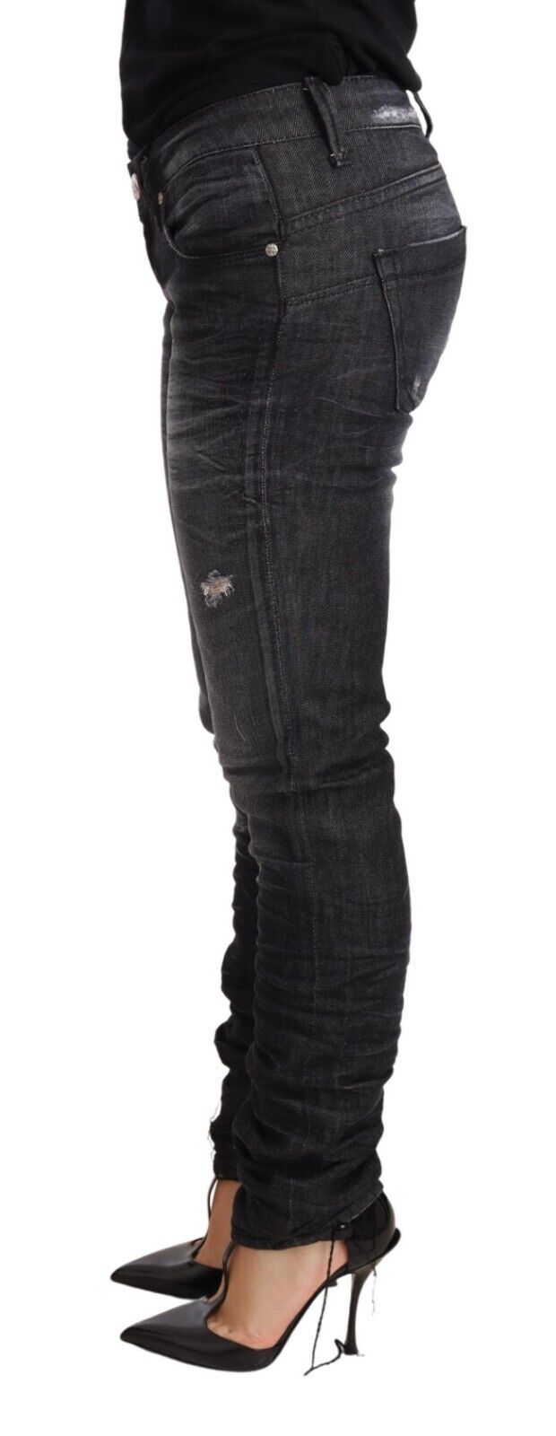 Acht Zwarte Gewassen Katoenen Lage Taille Skinny Denim Broekjeans