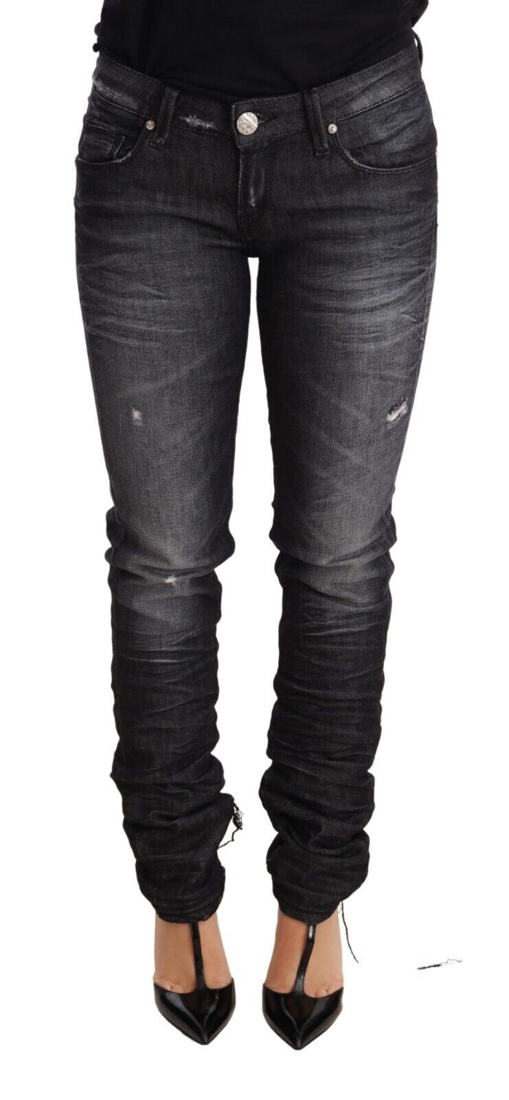 Acht Zwarte Gewassen Katoenen Lage Taille Skinny Denim Broekjeans