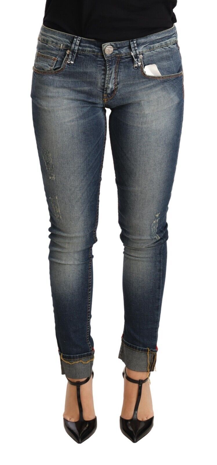 Jean skinny taille basse en coton délavé bleu Acht pour femme