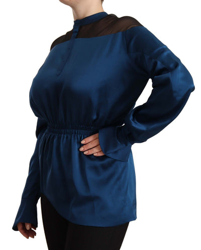 Chemisier Masha Ma en soie bleue à manches longues et taille élastique