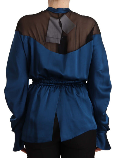 Chemisier Masha Ma en soie bleue à manches longues et taille élastique