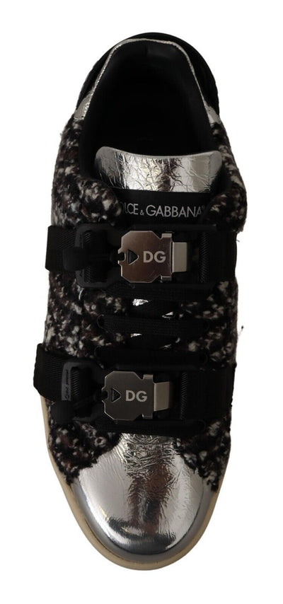 Dolce &amp; Gabbana Zilveren Leren Bruine Katoenen Wollen Sneakers Schoenen