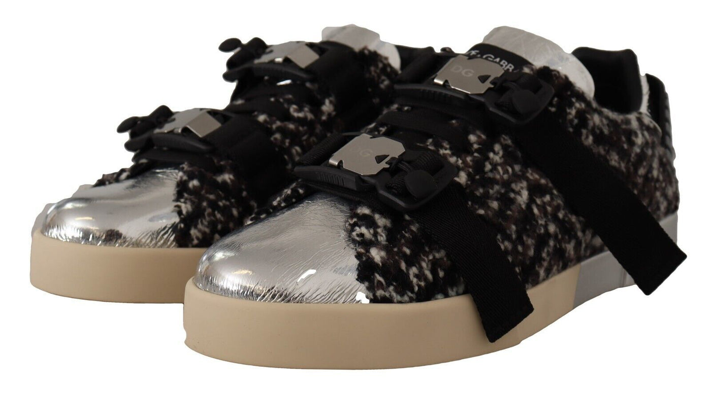Dolce &amp; Gabbana Zilveren Leren Bruine Katoenen Wollen Sneakers Schoenen