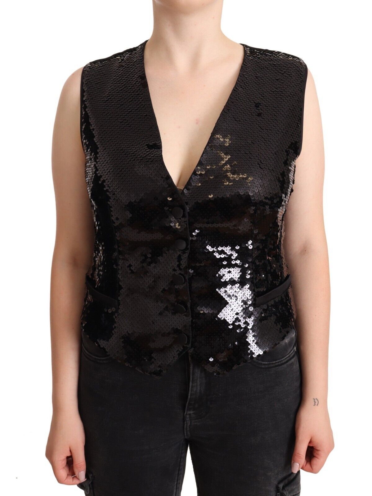 Débardeur sans manches à col en V et sequins noirs Dolce &amp; Gabbana