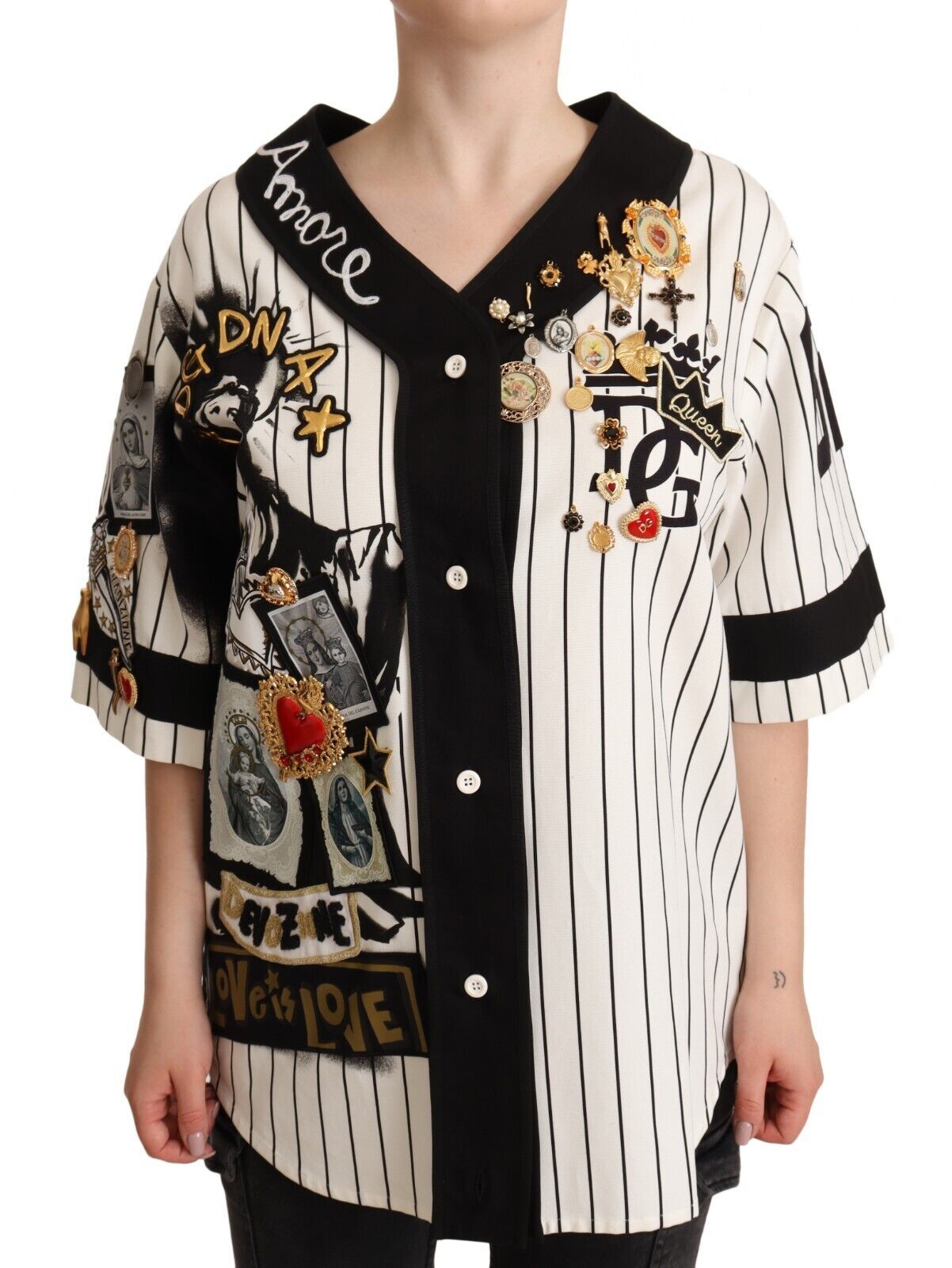 Chemise Dolce &amp; Gabbana en coton blanc avec breloques en cristal Amore