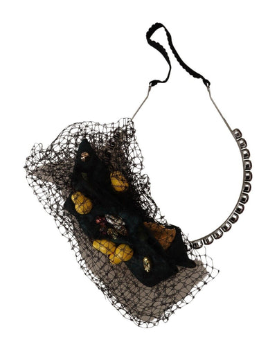 Serre-tête diadème en maille noire Dolce &amp; Gabbana avec cristaux argentés et fruits