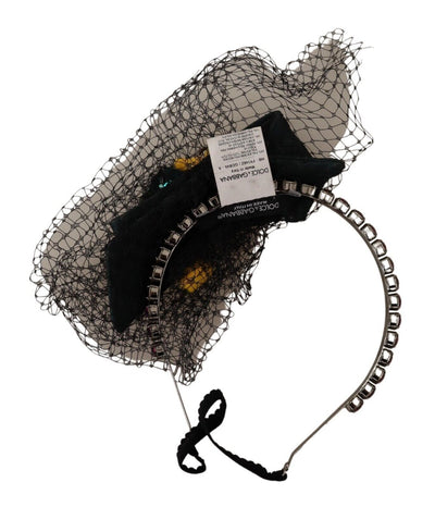 Serre-tête diadème en maille noire Dolce &amp; Gabbana avec cristaux argentés et fruits