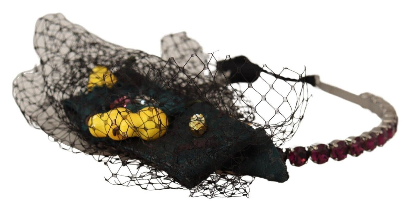 Serre-tête diadème en maille noire Dolce &amp; Gabbana avec cristaux argentés et fruits