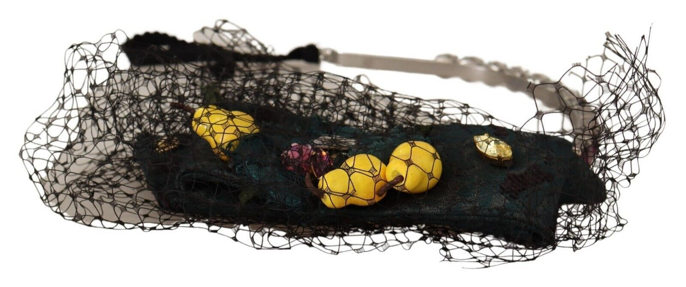 Serre-tête diadème en maille noire Dolce &amp; Gabbana avec cristaux argentés et fruits