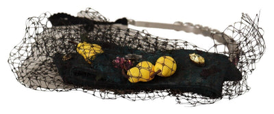 Serre-tête diadème en maille noire Dolce &amp; Gabbana avec cristaux argentés et fruits