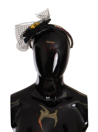 Serre-tête diadème en maille noire Dolce &amp; Gabbana avec cristaux argentés et fruits