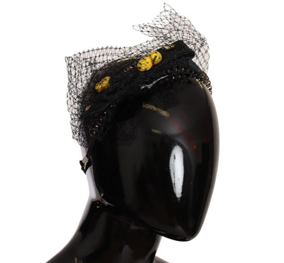 Serre-tête diadème en maille noire Dolce &amp; Gabbana avec cristaux argentés et fruits