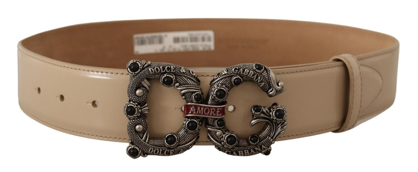 Dolce &amp; Gabbana beige leren zilveren logo gesp Amore riem