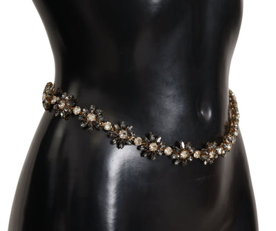 Dolce & Gabbana Black Daisy Crystal Dauphine Texture Belt