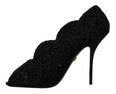Dolce &amp; Gabbana zwarte cordonetto Ricamo pumps met open neus