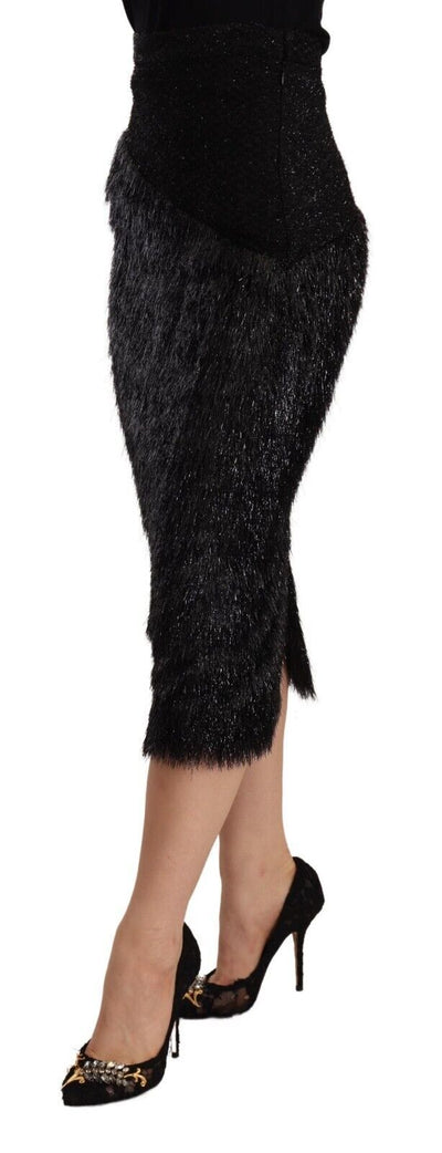 Masha Ma Zwarte Tinsel Hoge Taille Potlood Midi Viscose Rok