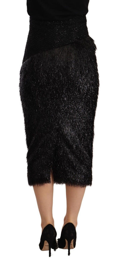 Masha Ma Zwarte Tinsel Hoge Taille Potlood Midi Viscose Rok