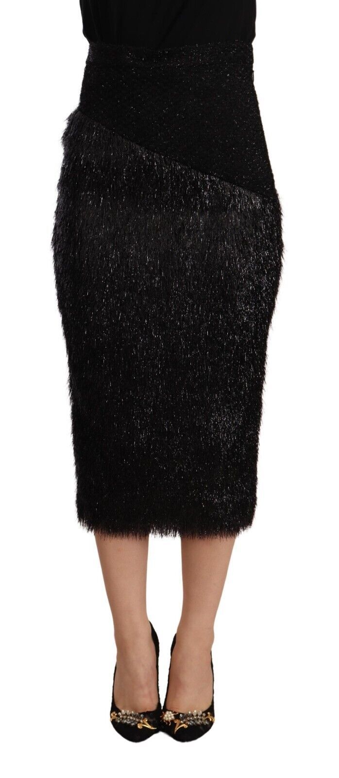 Masha Ma Zwarte Tinsel Hoge Taille Potlood Midi Viscose Rok