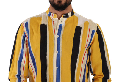 Dolce & Gabbana Yellow Striped Henley Linen Cotton Shirt