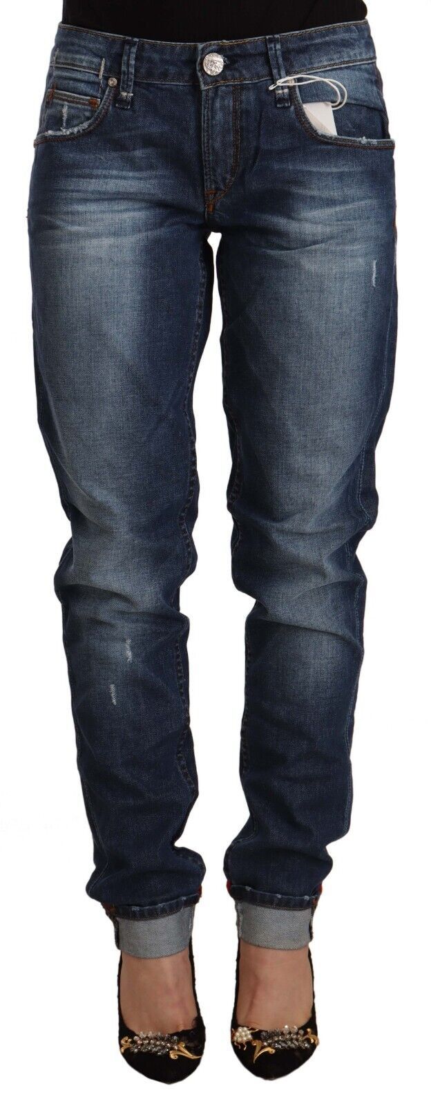 Acht Blue Washed Mid Waist Slim Fit Denim Jeans met Omgeslagen Zoom