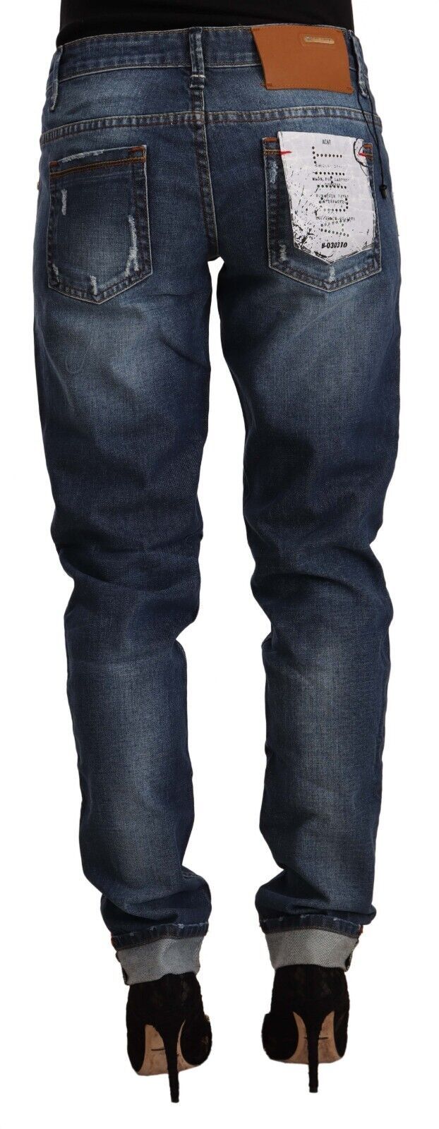 Acht Blue Washed Mid Waist Slim Fit Denim Jeans met Omgeslagen Zoom