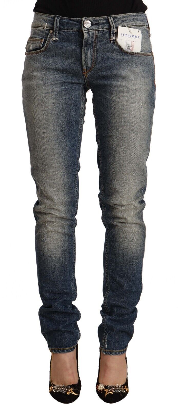 Jean skinny taille moyenne en coton délavé bleu Acht