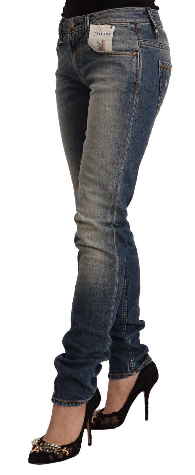 Jean skinny taille moyenne en coton délavé bleu Acht