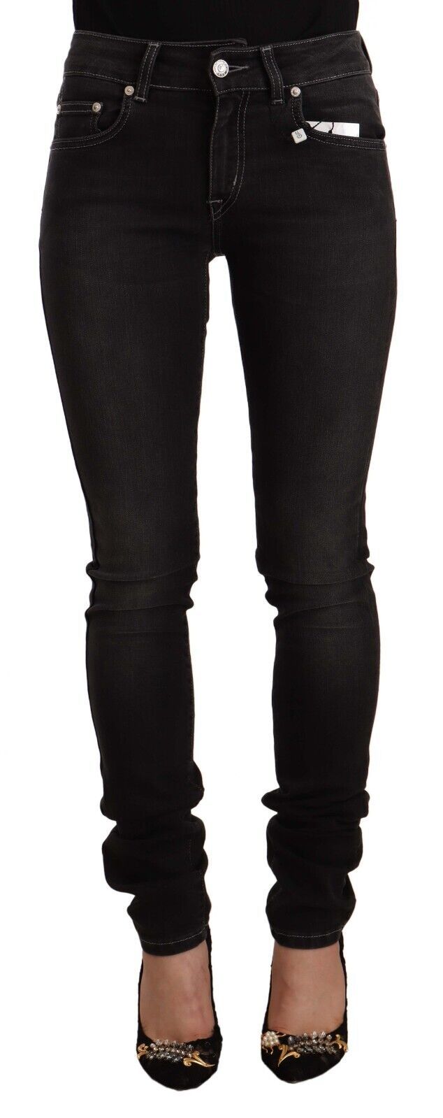 Jean slim skinny taille moyenne en coton noir délavé GF Ferre