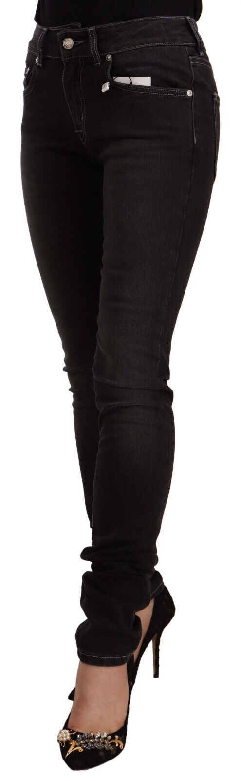 Jean slim skinny taille moyenne en coton noir délavé GF Ferre