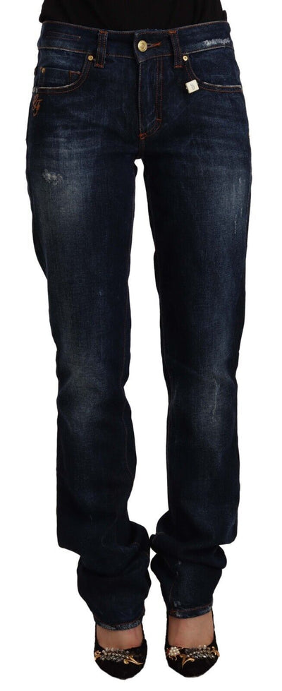 Jean droit taille moyenne en denim de coton délavé bleu foncé GF Ferre