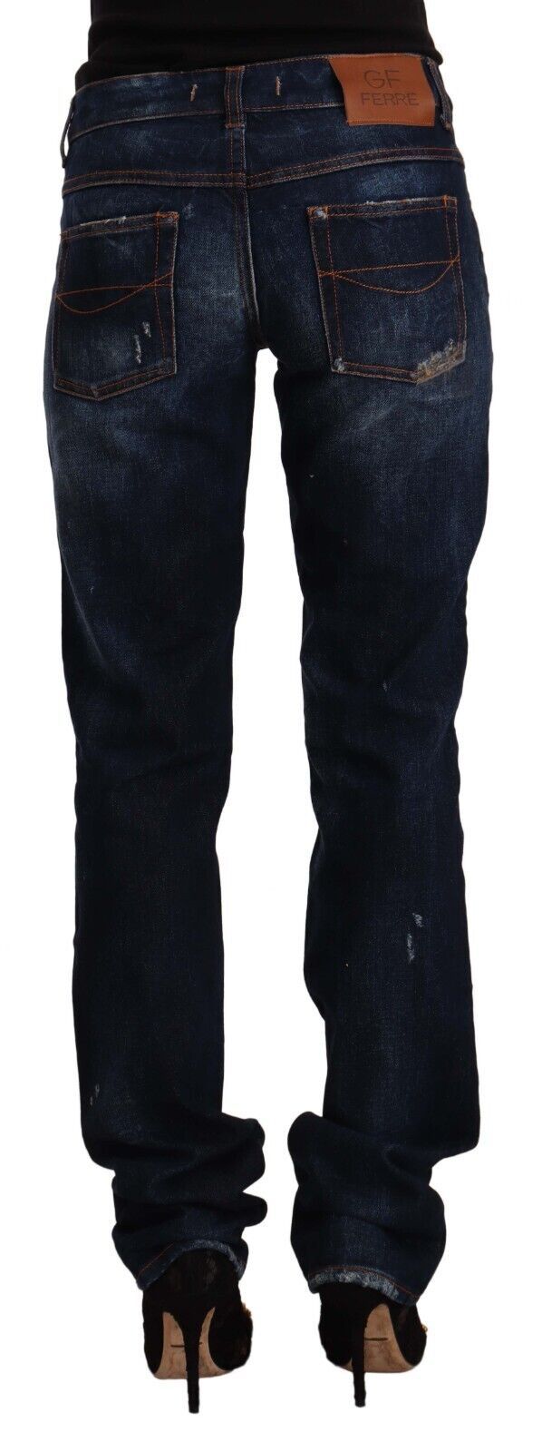 Jean droit taille moyenne en denim de coton délavé bleu foncé GF Ferre